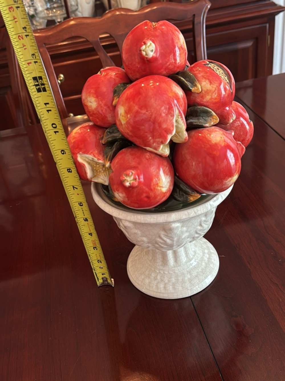 Glazed Red Ceramic Pomegranate Table Accent in White Vase